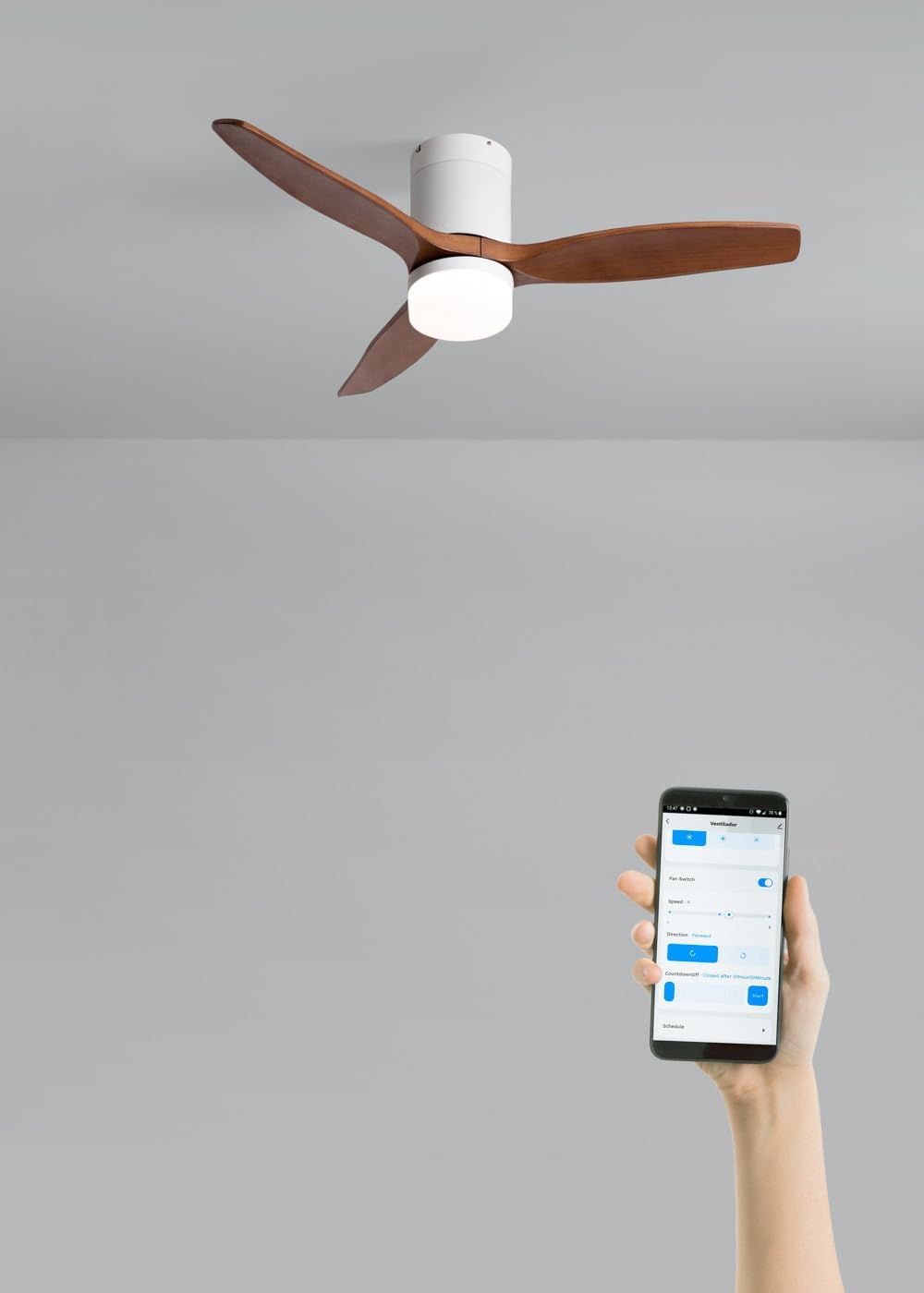 CREATE WINDCALM S Ventilateur de plafond ABS avec lumière blanche, pales effet bois foncé avec Wi-Fi et télécommande, 40 W, minuteur, Ø112 cm, 3 températures de lumière, fonction été/hiver