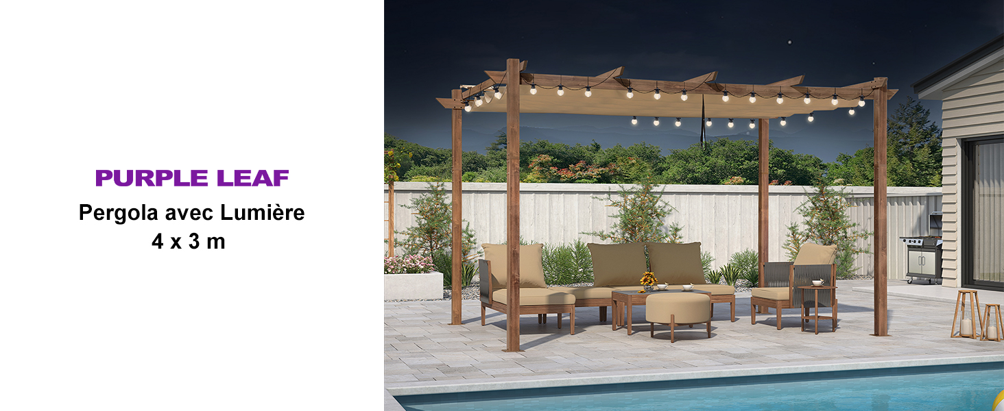 de marque jardinito avec guirlandes lumineuses, mesurant 4 x 3 m, illustrée dans le cadre d'une piscine extérieure avec des meubles en dessous. Dispose d'un design moderne avec auvent illuminé.