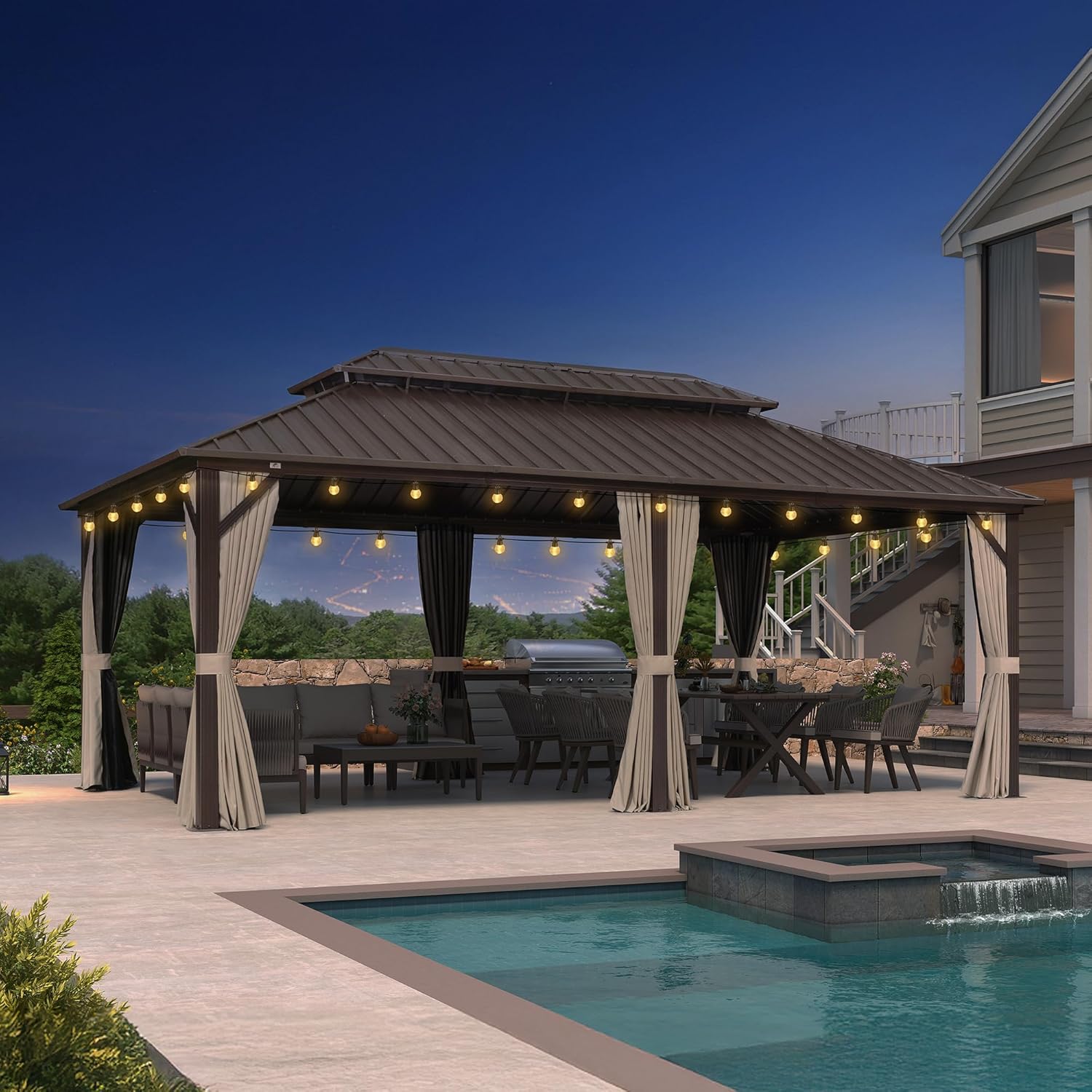 jardinito - pergola double toit rigide 6x3,65m, aluminium, guirlande, rideaux