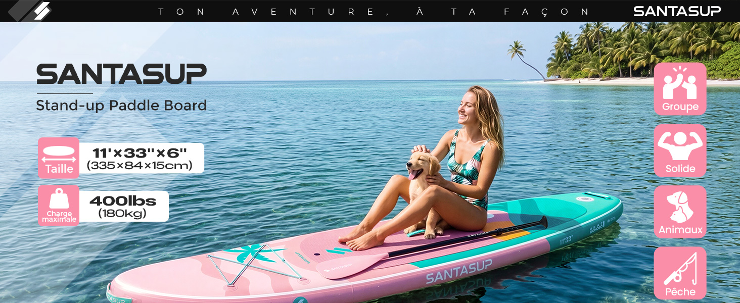 Le texte indique « jardinito » avec les informations sur le produit visibles. L'image montre une personne sur un paddleboard bleu sur l'eau, vêtue d'une tenue rose et blanche, présentation du produit avec des éléments de marque roses.
