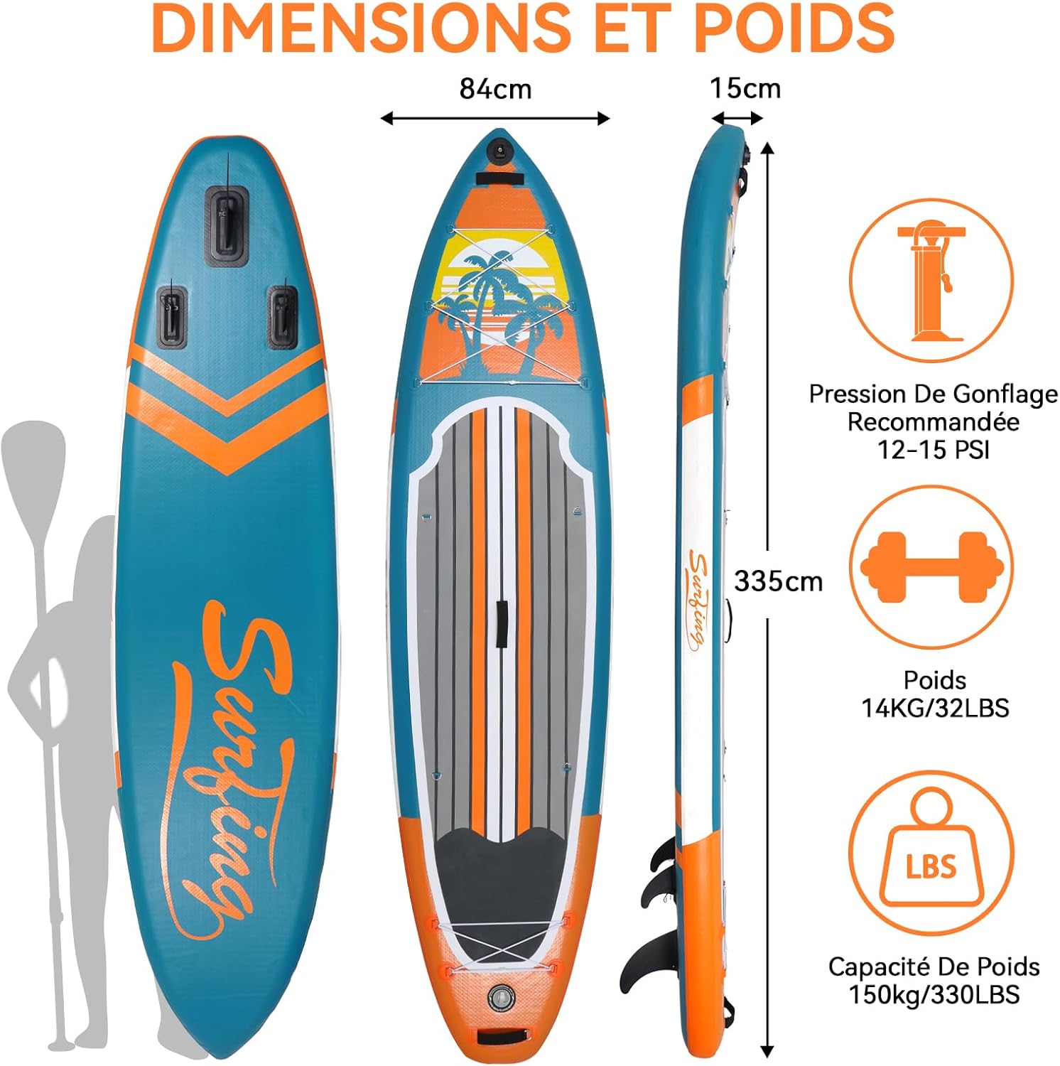 jardinito - Paddle gonflable adulte - 320/335cm - 2 personnes, siège kayak, pagaie alu, caméra, pompe, 150kg