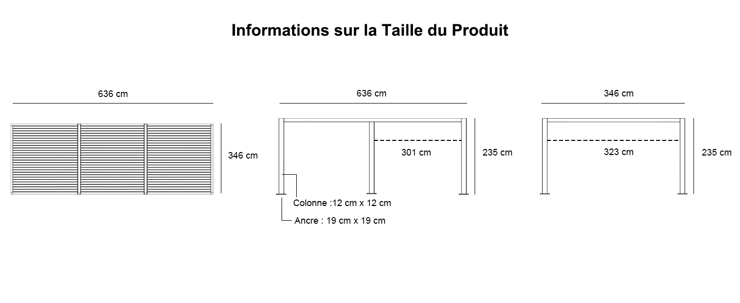 Schéma technique montrant les dimensions et les mesures des meubles en centimètres, avec plusieurs vues, y compris les spécifications de largeur et de hauteur.
