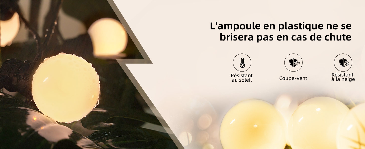 Ampoule en plastique avec éclairage chaud, avec des icônes indiquant les spécifications de résistance aux chutes et de durabilité.