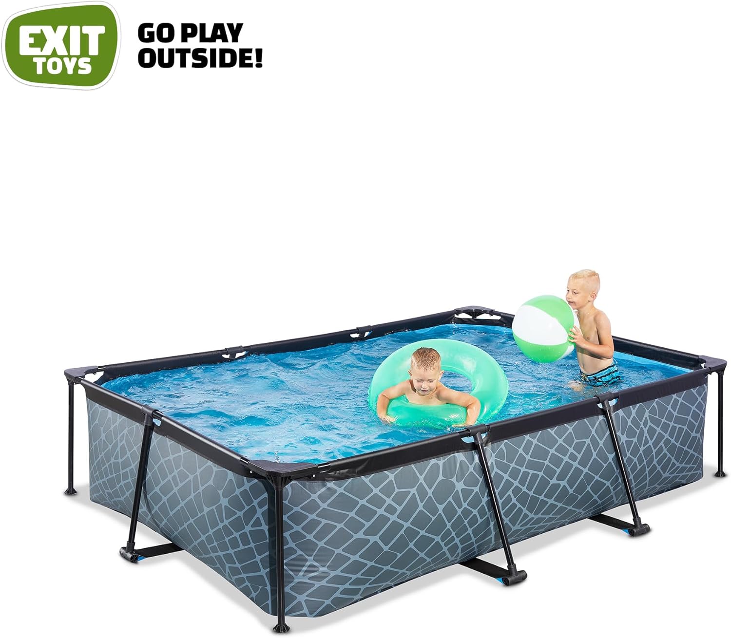 jardinito Piscine Stone - 300x200x65cm - Piscine Hors Sol Rectangulaire avec Pompe Filtrante à Cartouche - Entrée Basse - Idéal pour Les Jeunes Enfants - Cadre Stable - Design Unique - Gris