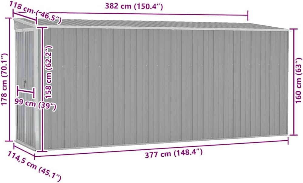 jardinito Abri de Jardin Mural Gris 118x382x178 cm Acier galvanisé,Structures extérieures, Cabanes & abris de Jardin,316230