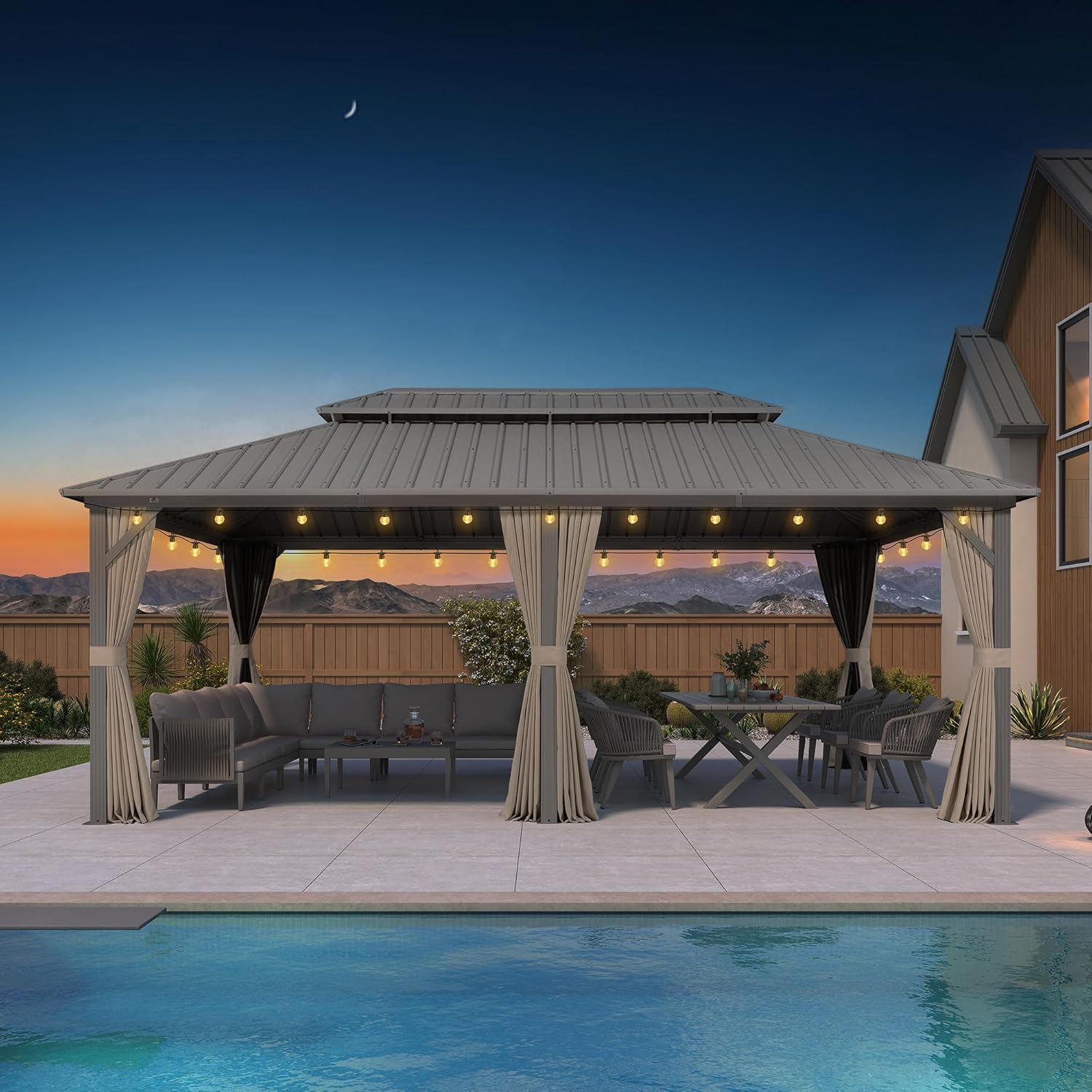 jardinito Tonnelle de Jardin Extérieur 6 x 3,65 m avec Guirlande Lumineuse, Pergola Aluminium à Toit Rigide en Acier Galvanisé, Pavillon Imperméable pour Camping, Fête, Barbecue, Champagne