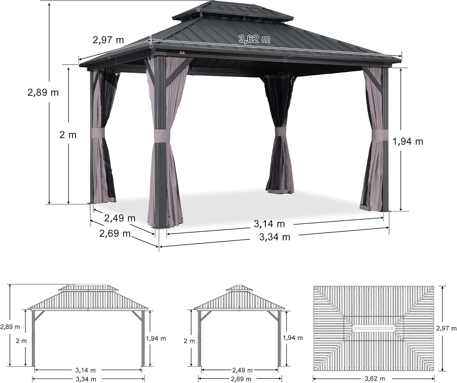 jardinito - Pergola aluminium double toit 3,65x3m rideaux moustiquaire