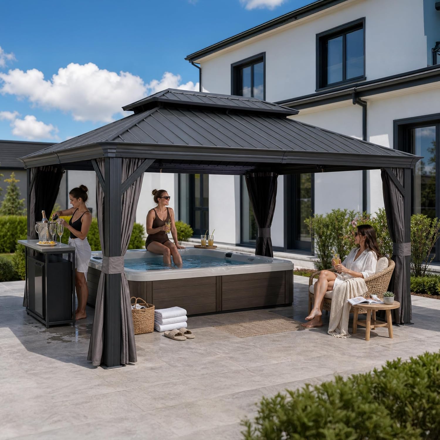jardinito - Tonnelle Jardin 4,25x3 m - acier galvanisé, rideaux épais, gouttière