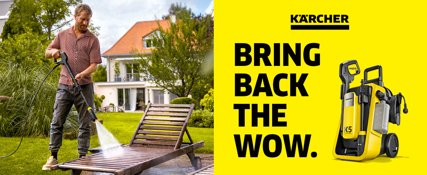 Le texte indique « jardinito » et « BRING THE WOW ». Publicité montrant de l'équipement de nettoyage extérieur utilisé sur les meubles et les surfaces de patio.