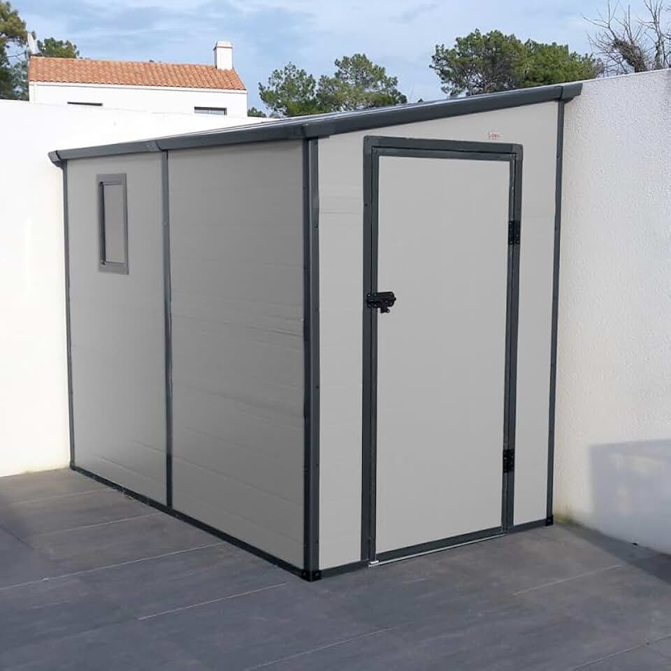 jardinito Abri de Jardin Adossé en Résine 3,55m² | Gris Clair avec Fenêtre et Aération | Kit de Fondation Inclus | Structure Acier Galvanisé