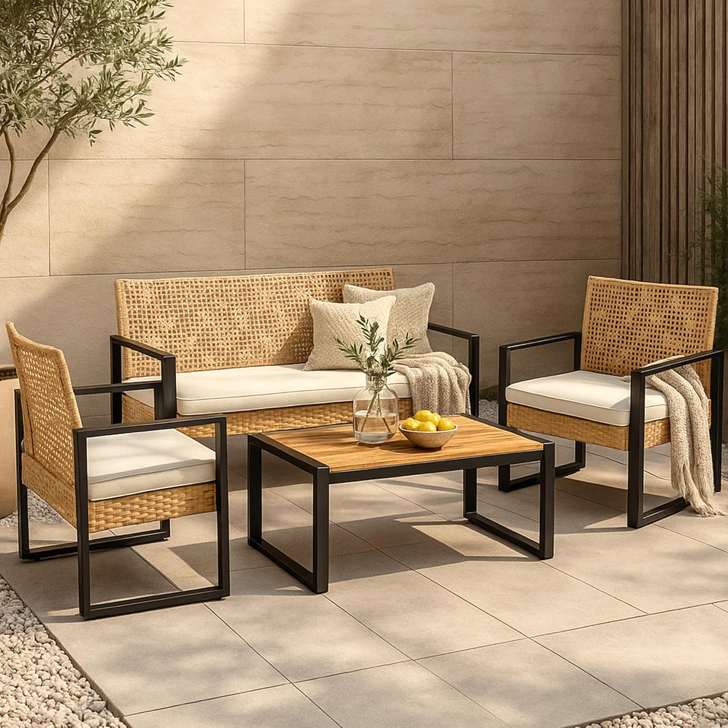 jardinito - Salon de jardin 4 pièces, acier/acacia, 2 chaises + banc, beige/naturel