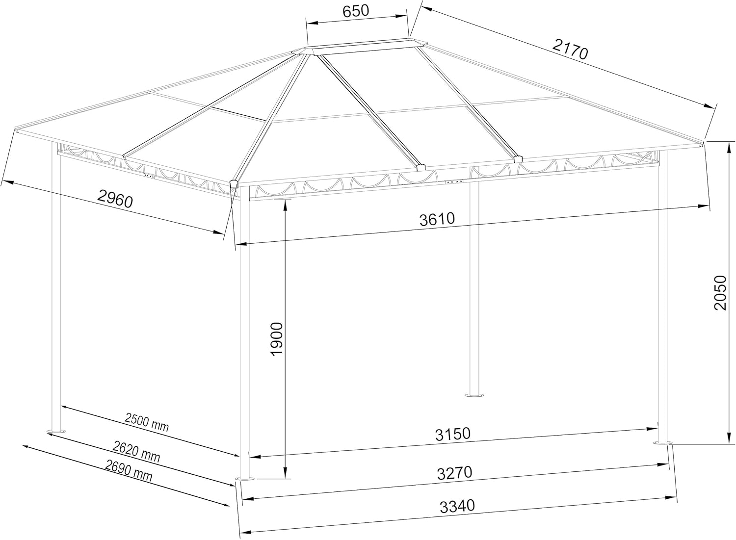jardinito - tonnelle rigide métal - 3 x 3,6 m - panneaux latéraux polycarbonate, anti-poussière