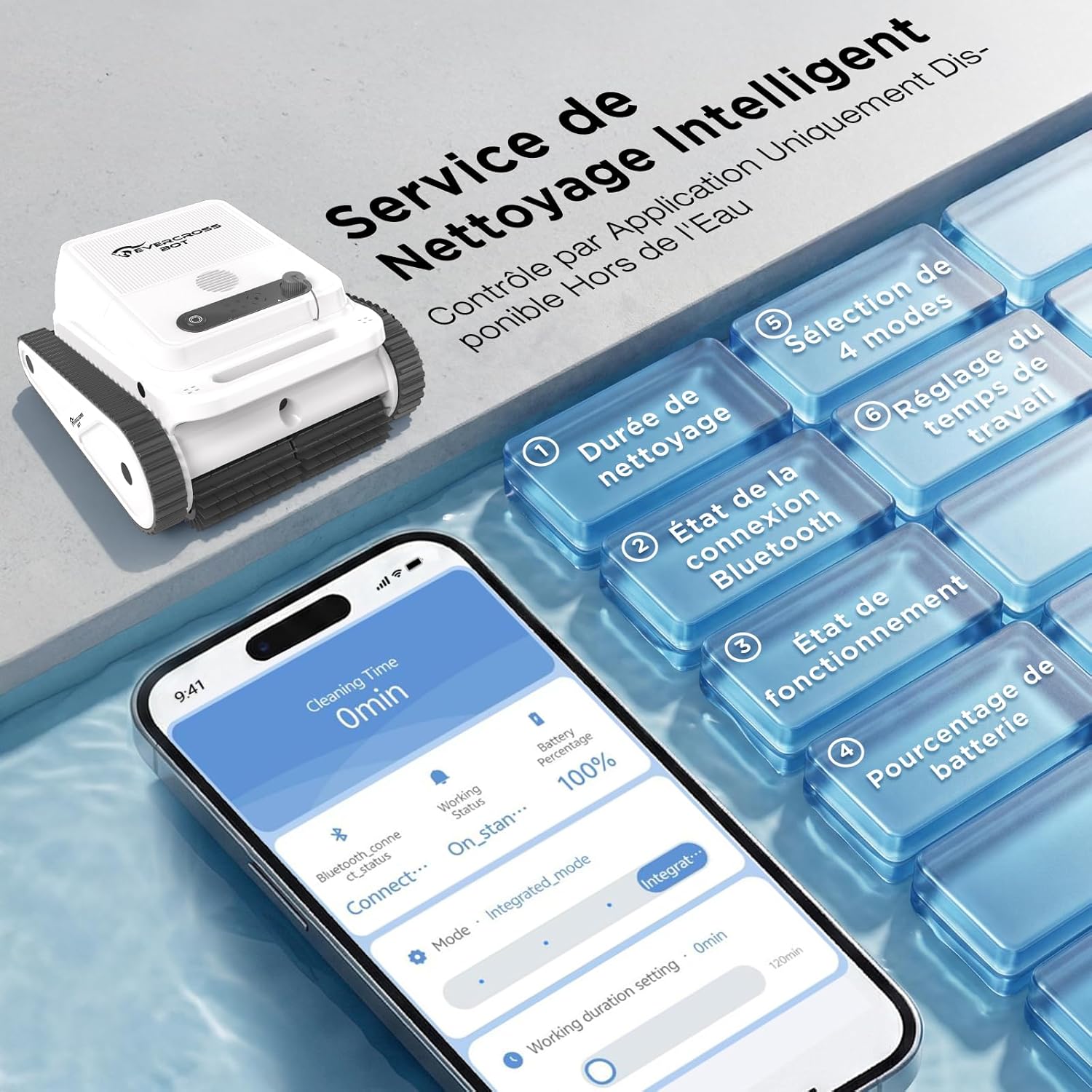 Robot piscine - U8 - autonomie 120min, contrôle app, 200㎡, sans fil