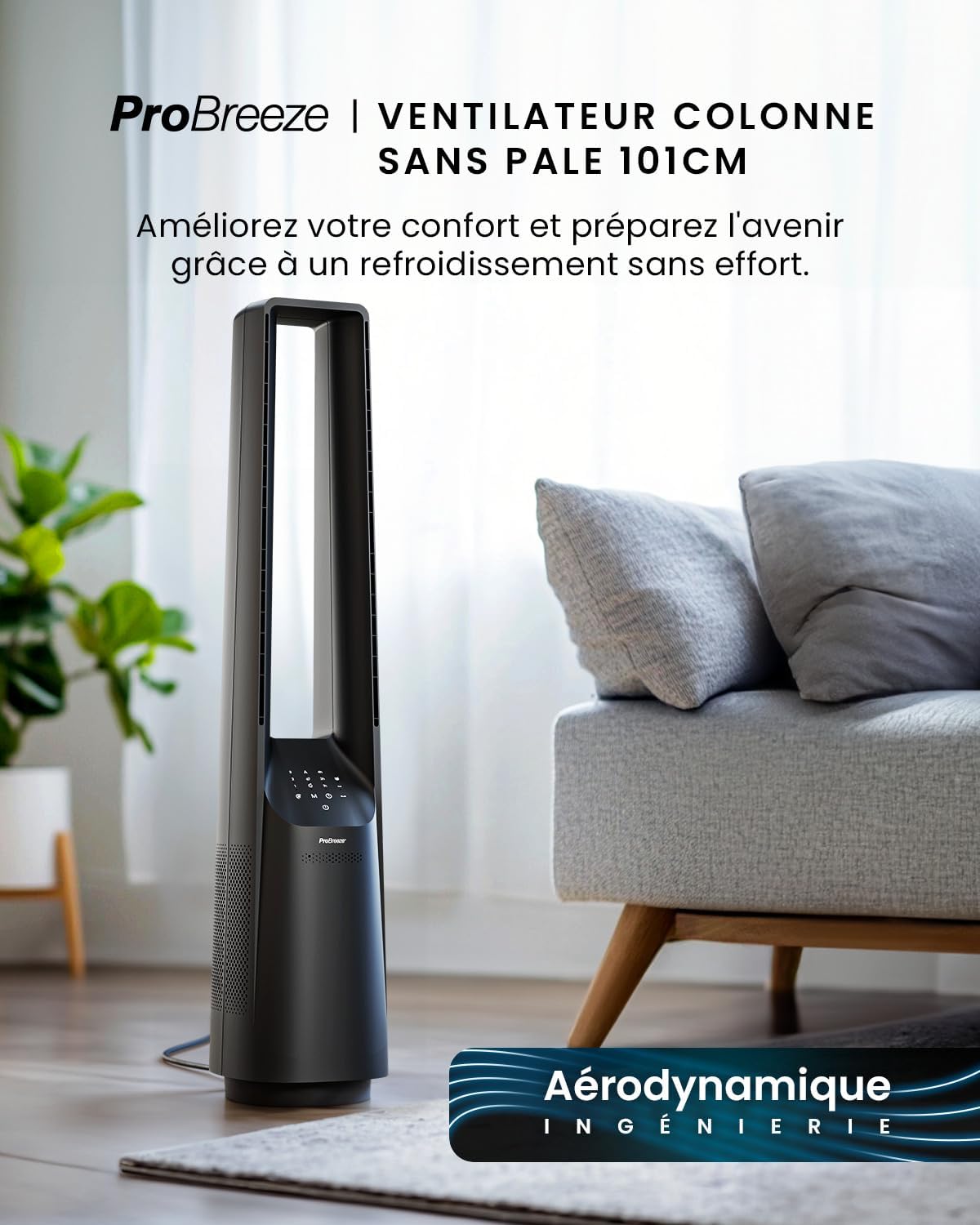 jardinito Ventilateur Colonne Sans Pale - Ventilateur Tour Silencieux, Hauteur 101 cm avec 6 Vitesses, Oscillation 60°, Ventilateur Sans Lame Rafraichisseur d'Air Bladeless Noir