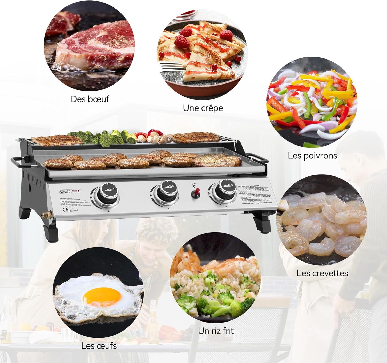 jardinito - Plancha gaz inox 3 brûleurs 61,5x32cm, 7,5kW, usage extérieur