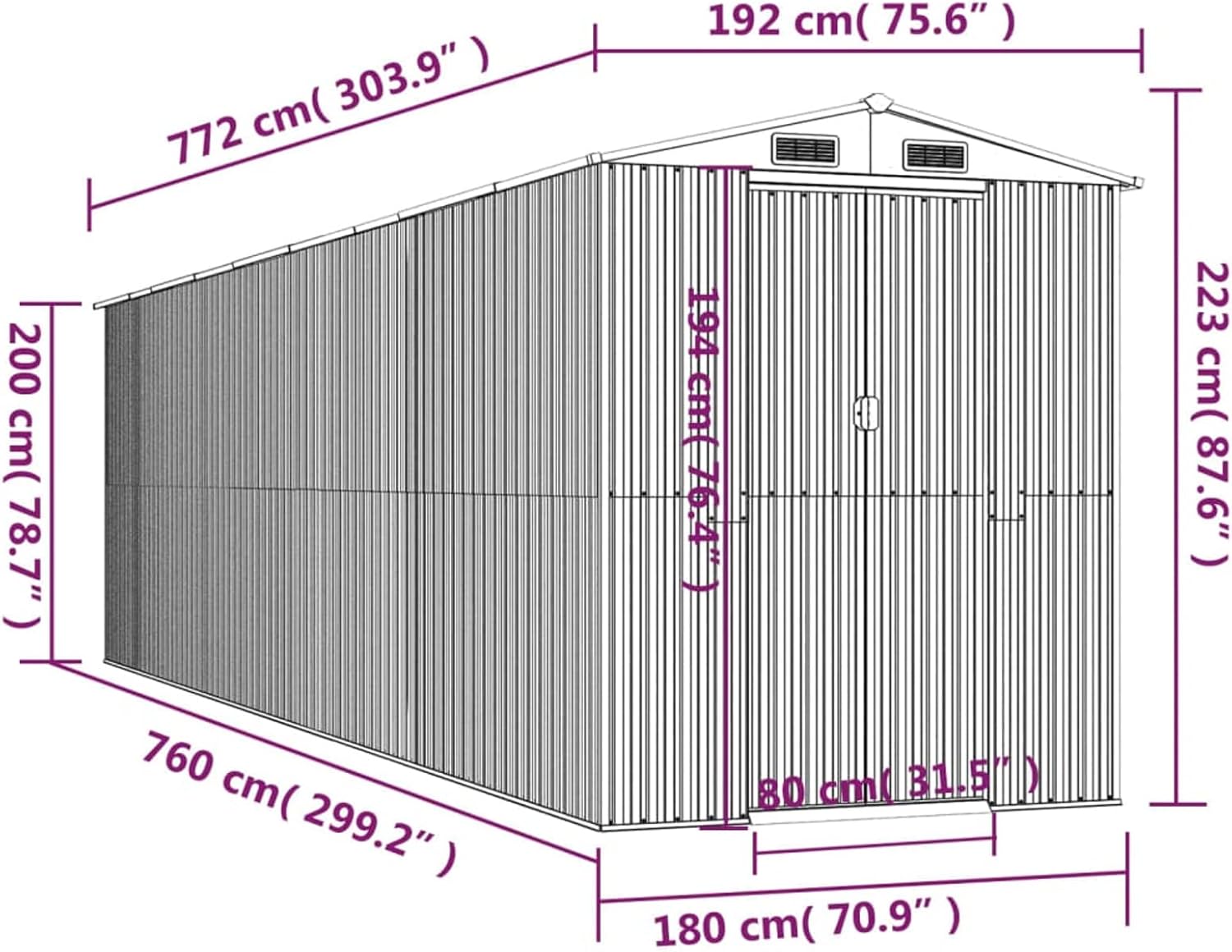 Abri de jardin extérieur en acier galvanisé vert 192 x 772 x 223 cm
