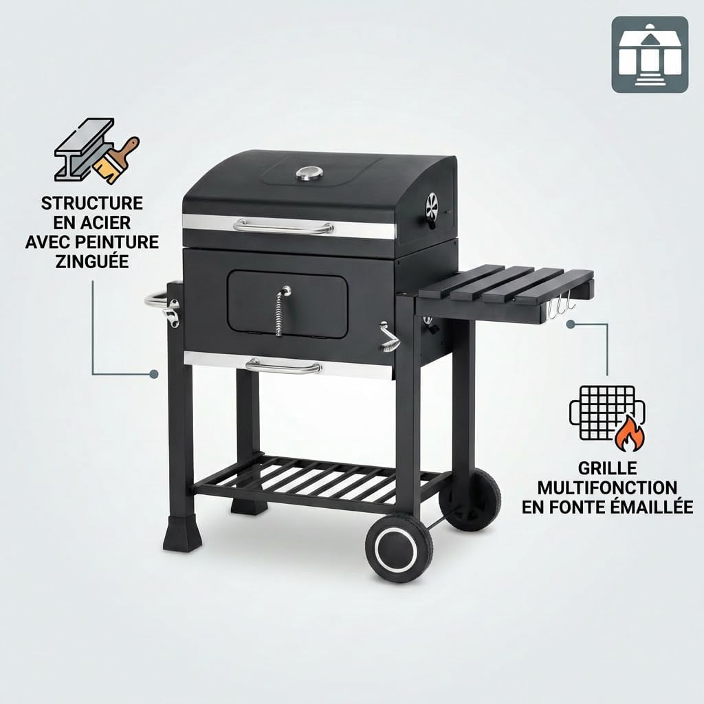jardinito - Memphis - acier, grille, tablette pliable, roulettes, thermomètre, bac à cendres
