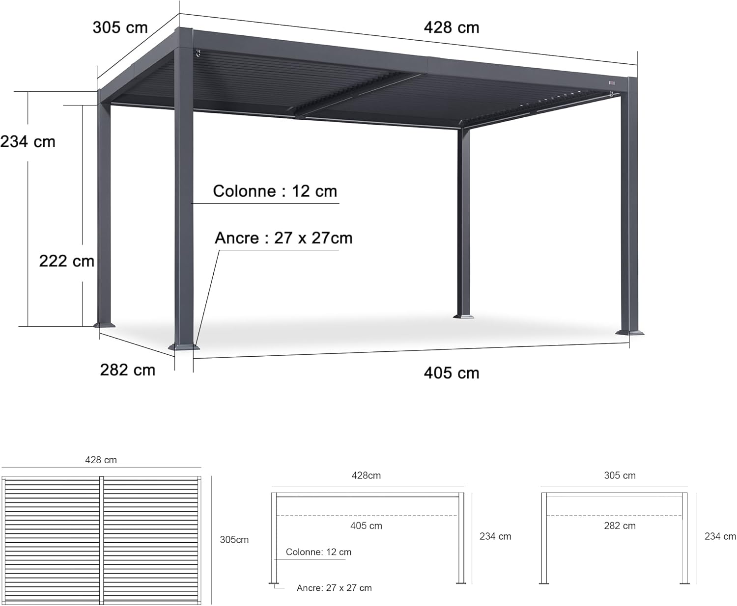 jardinito - Pergola aluminium bioclimatique - 3 x 4,25 m - Lames orientables, LED, étanche