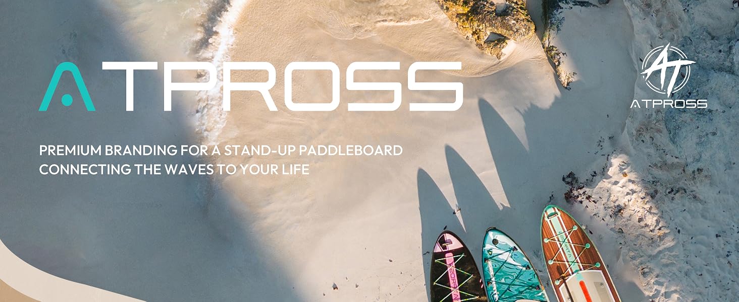 Vue aérienne d'une plage avec trois planches à pagaie colorées. Le texte superposé se lit comme suit : « jardinito : une marque haut de gamme pour un stand up paddleboard, qui connecte