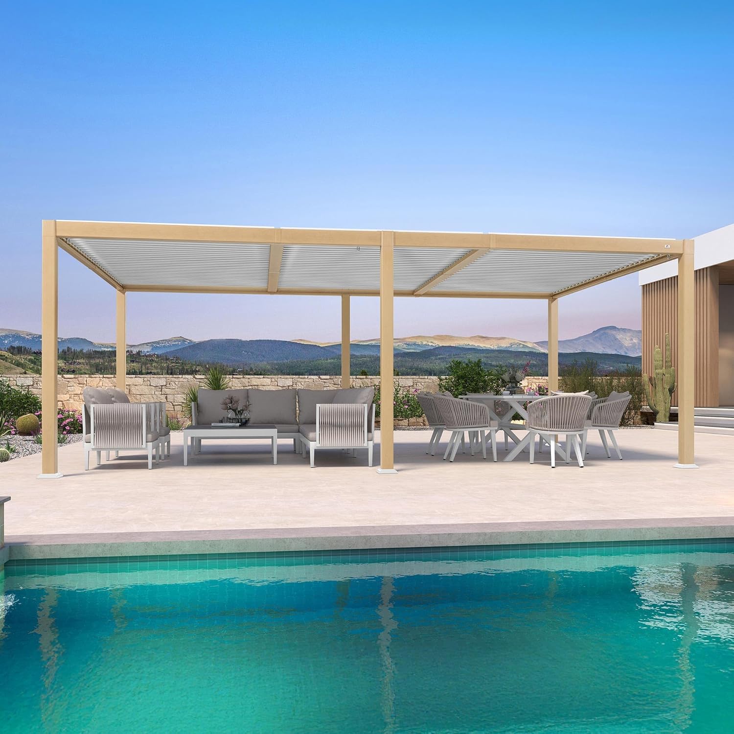 jardinito - Pergola Bioclimatique bois effet alu - 3,5x6,35m - lames orientables, imperméable, extérieur