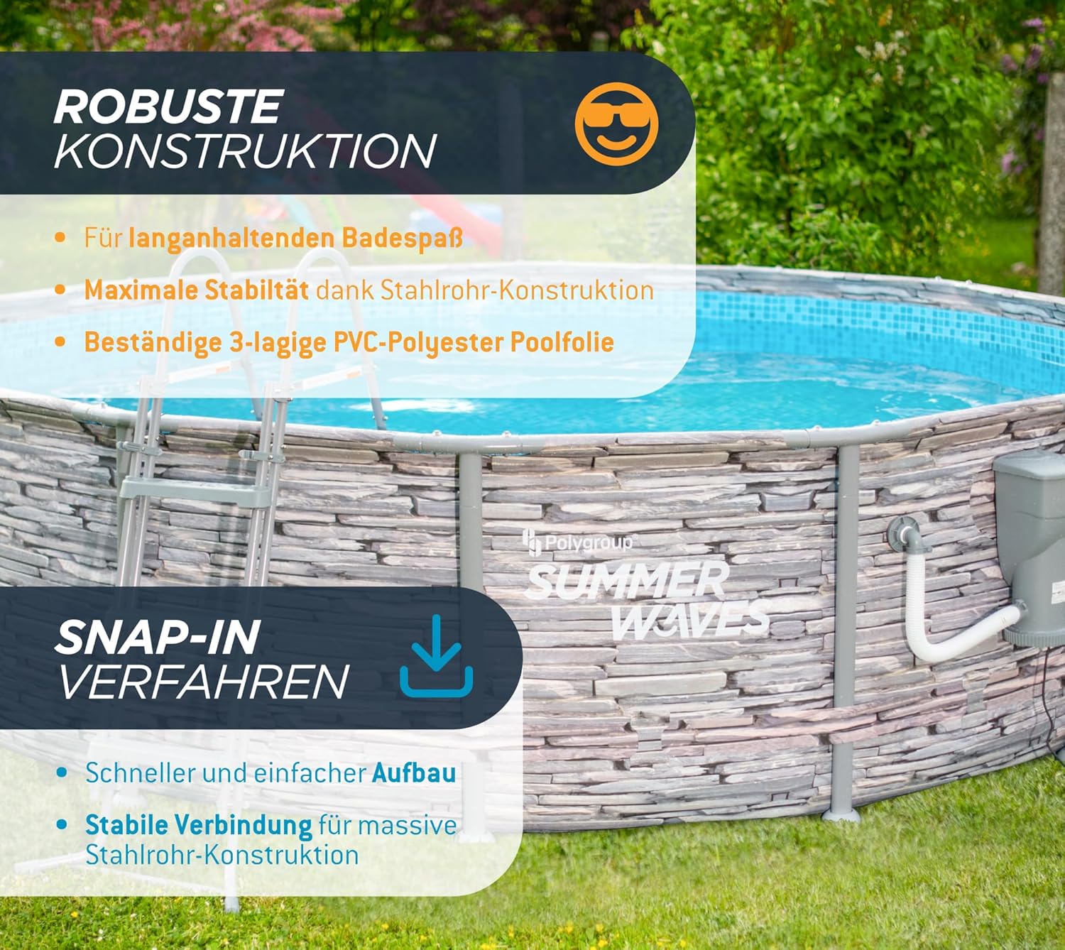 jardinito - Frame Pool Kit rond - 427x107 cm - aspect pierre grise, pompe à filtre