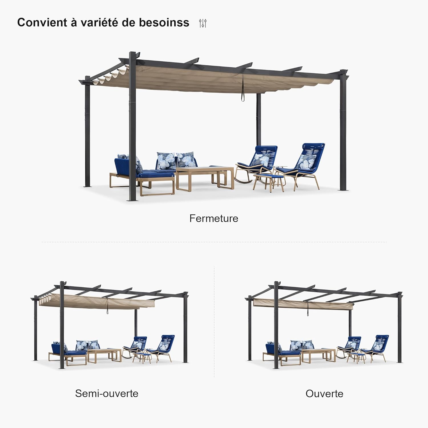 jardinito - pergola aluminium série LED - 4,8x3,5 m - toit rétractable, structure résistante, kaki