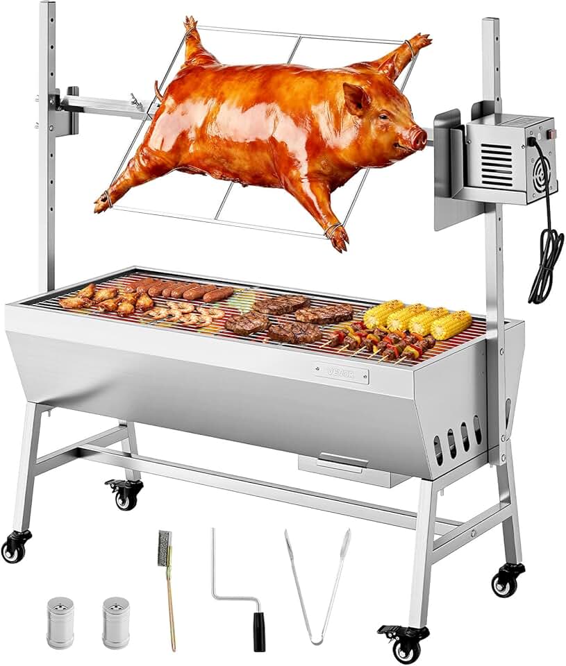 jardinito - Barbecue à charbon avec tournebroche, 7 hauteurs, 60kg, 38W, inox