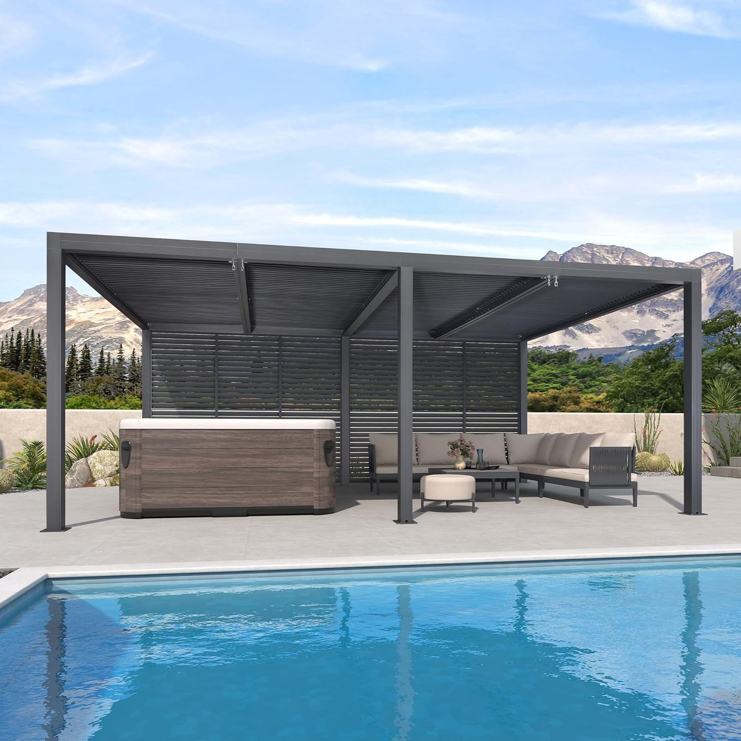 jardinito - Pergola bioclimatique 6x3,68m alu, lames orientables, persienne fixe