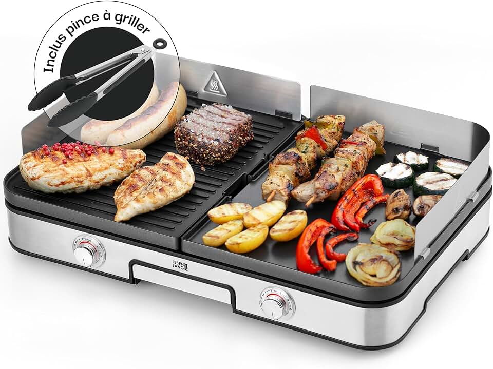 jardinito - plancha électrique inox - XXL - 2400W, pince barbecue, intérieur/extérieur, protection éclaboussures - LEBEN