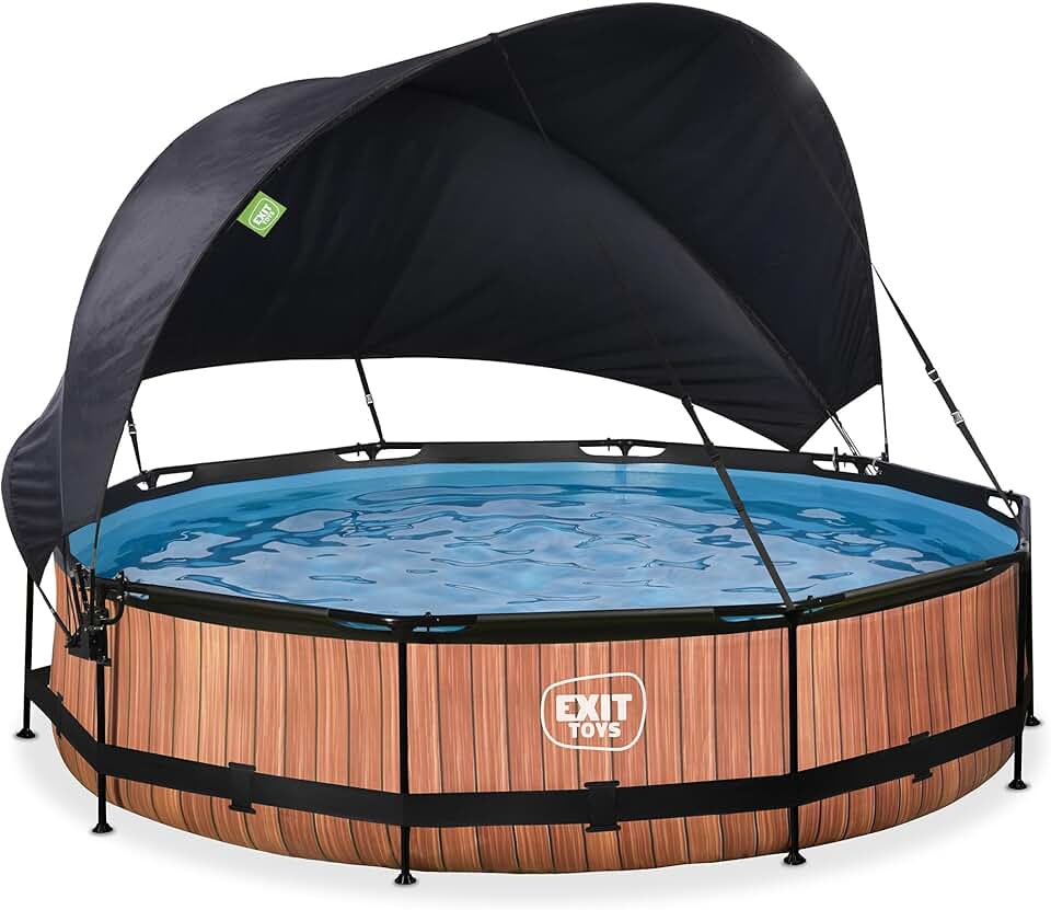 jardinito Piscine Wood avec Voile d'Ombrage - ø360x76cm - Piscine Hors Sol Ronde avec Pompe Filtrante à Cartouche - Protection Optimale Contre Les Rayons UV - Entrée Basse - Design Unique - Marron