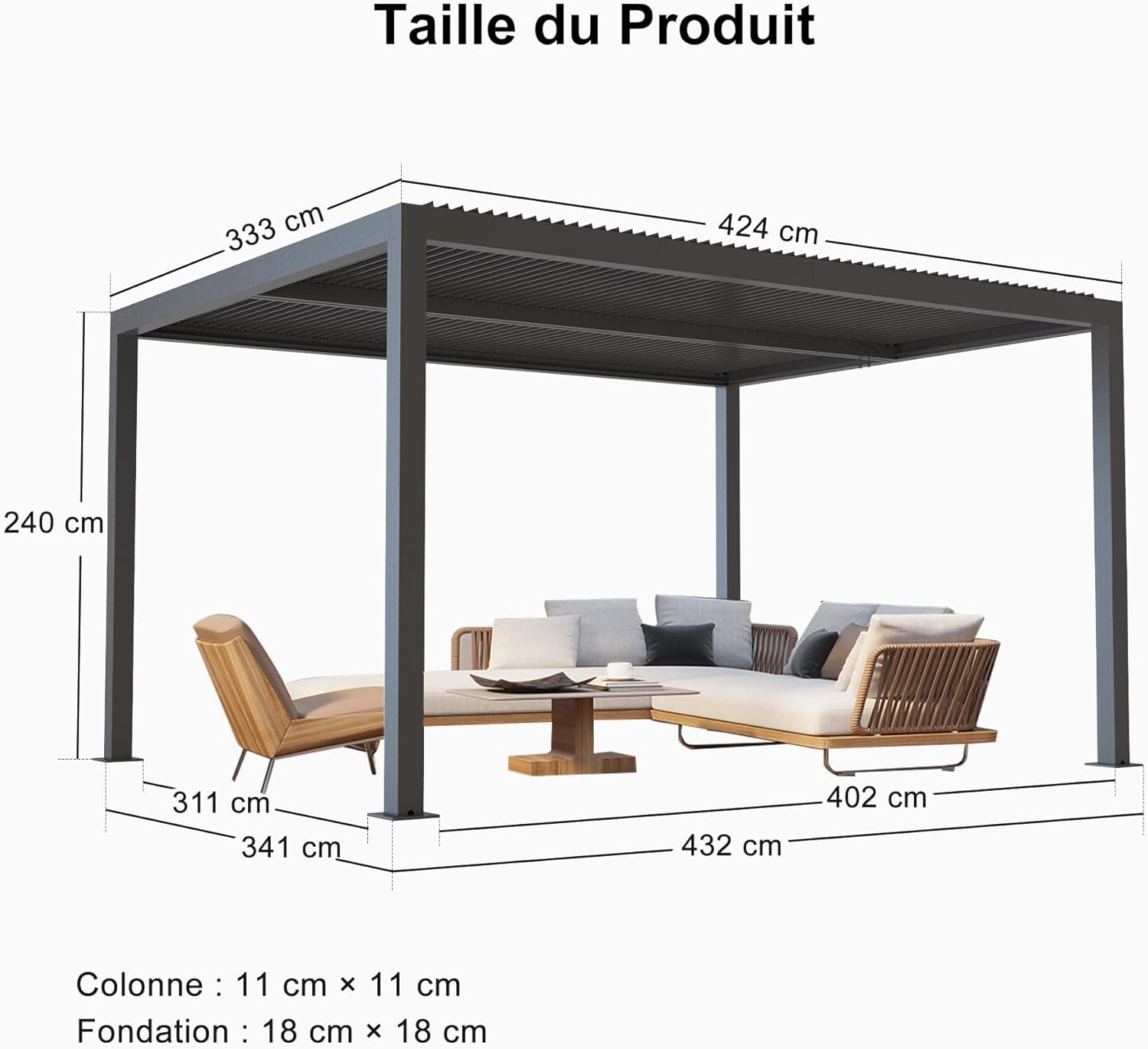 jardinito - pergola bioclimatique - 4,24x3,3m - alu, persienne fixes, gris