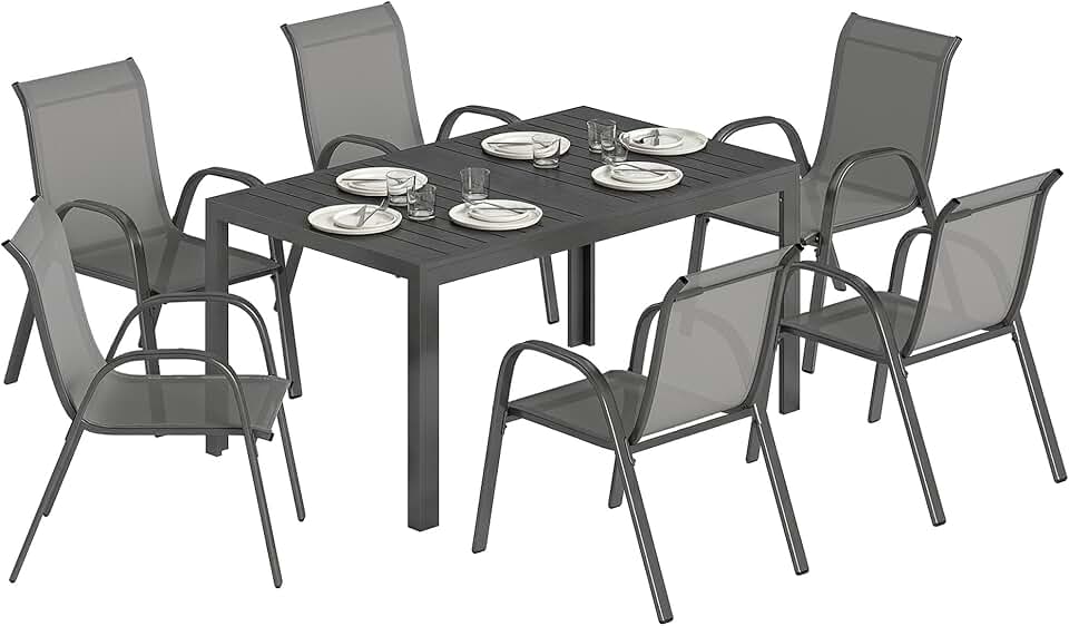 jardinito - Salon de jardin extérieur 7 pcs - 150cm - table à lattes, acier antirouille, 6 chaises empilables, gris clair