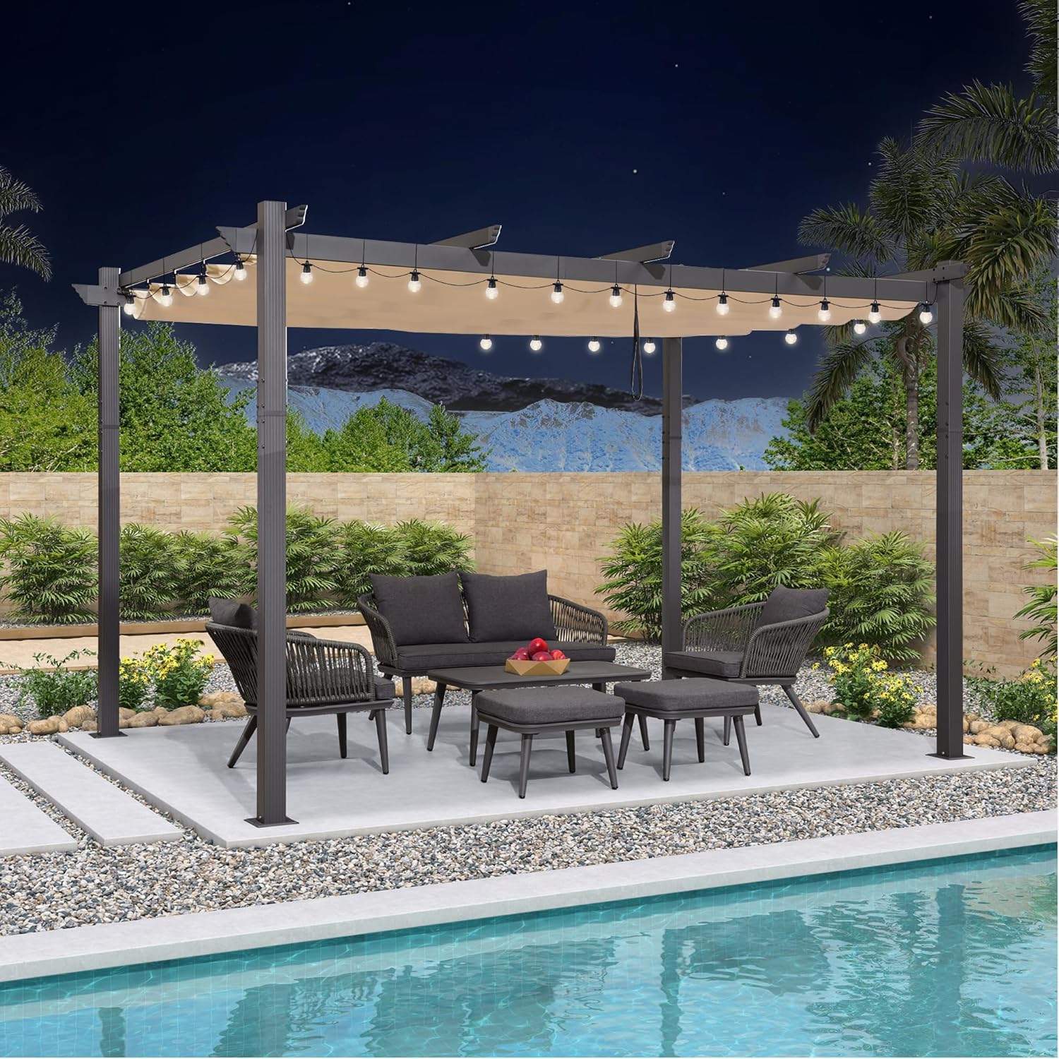 jardinito - Pergola aluminium LED, toit rétractable, 4x3m, kaki