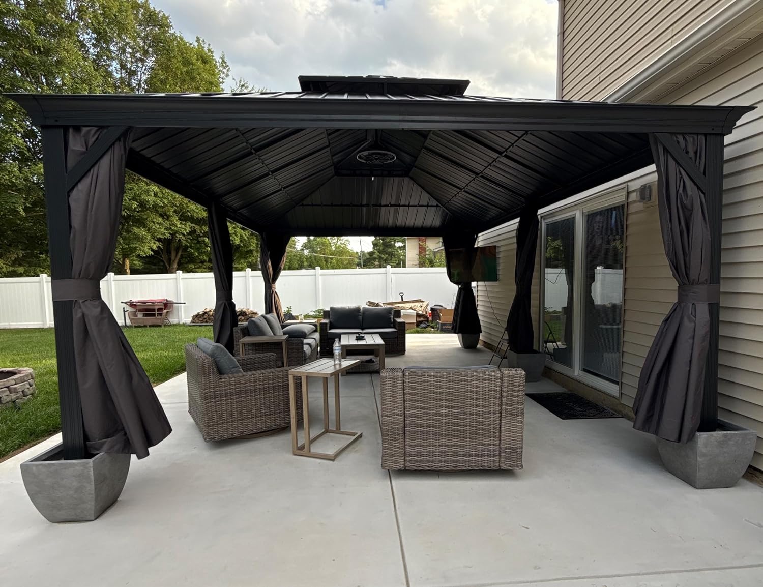 jardinito - tonnelle toit double acier, 6x4,25m, moustiquaire, rideaux