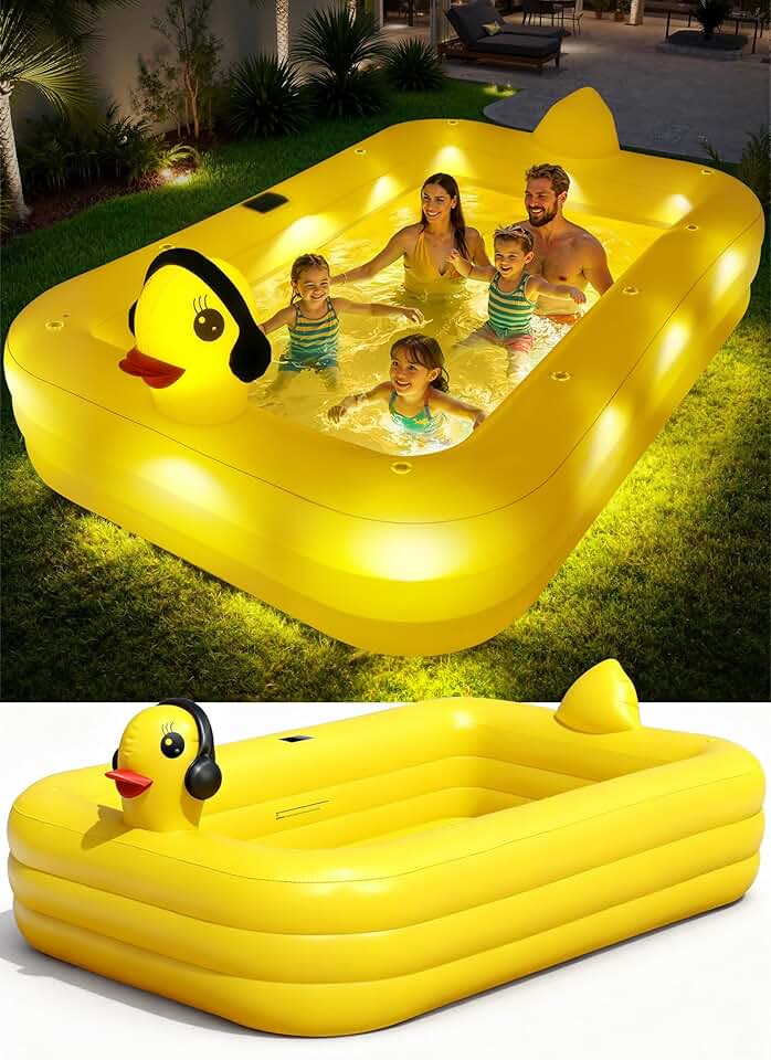 jardinito Piscine Gonflable avec Lumières, Caneton Piscine Rectangulaire Gonflable Solaire, Pataugeoire Grande pour Enfants et Adultes,254 x 160 x 56 cm Piscine Familiale Hors Sol pour Jardin,Extérieur