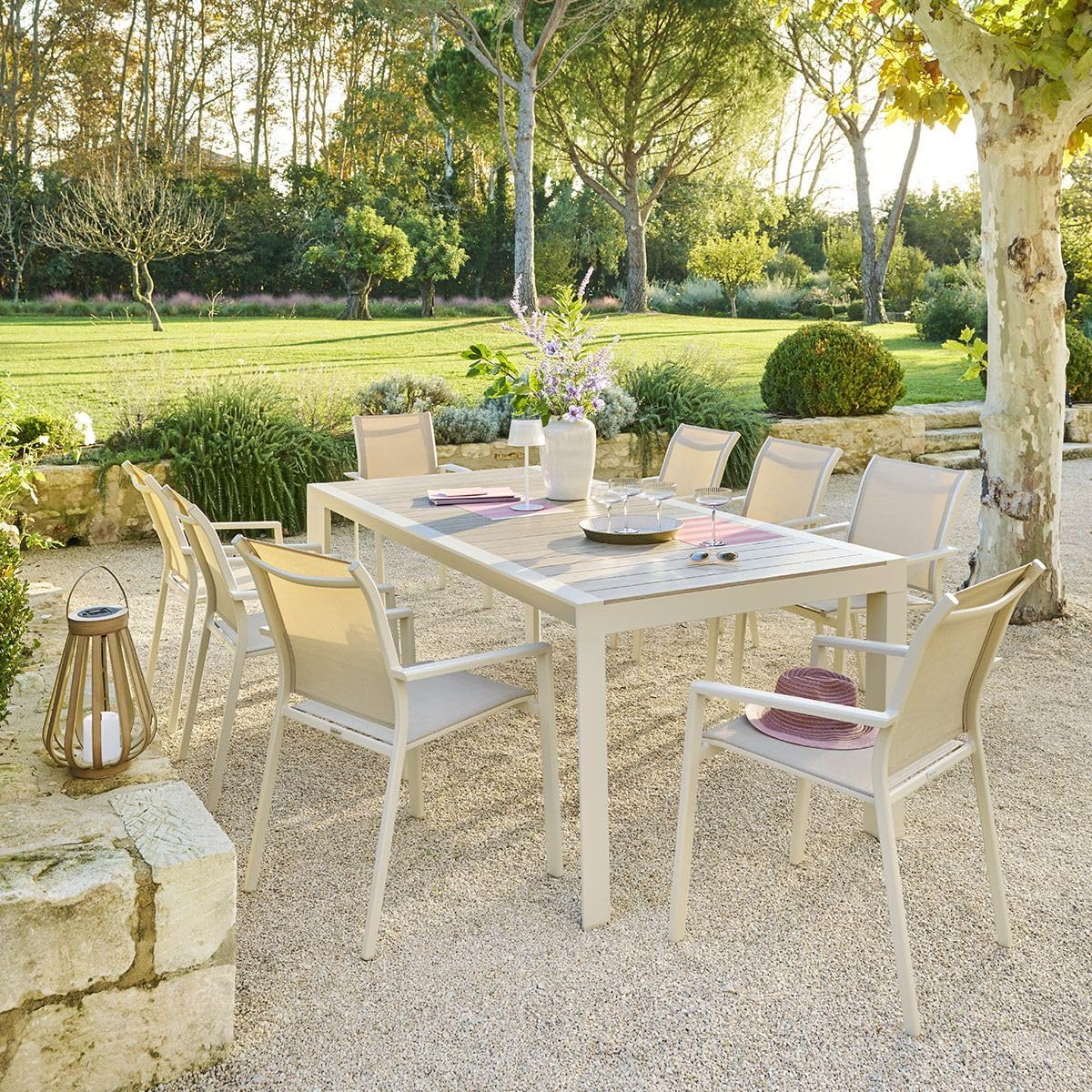 jardinito - Table de jardin Évasion 8 places - aluminium, effet bois, lin et argile