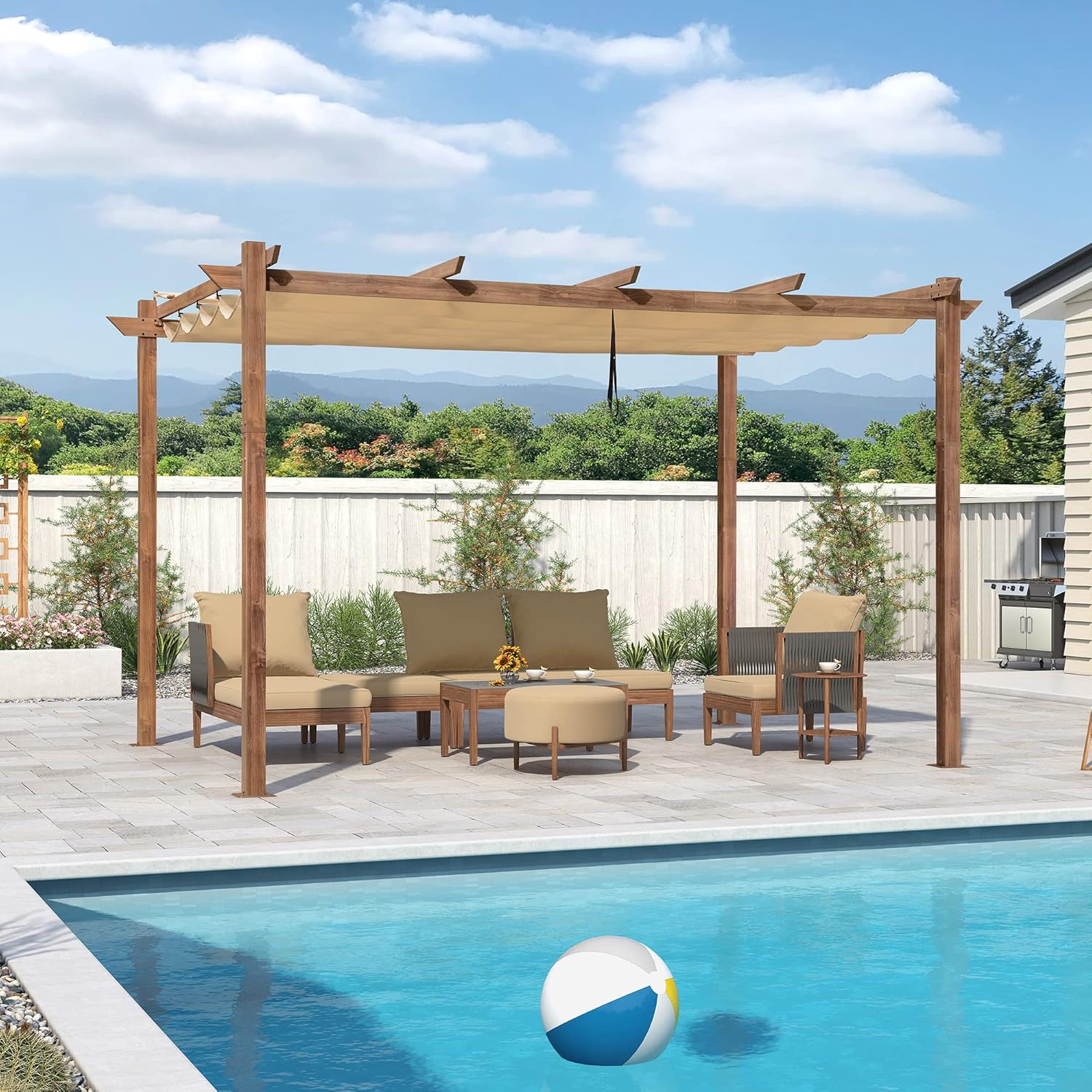 jardinito - pergola aluminium 4x3m teck, toile rétractable, kaki
