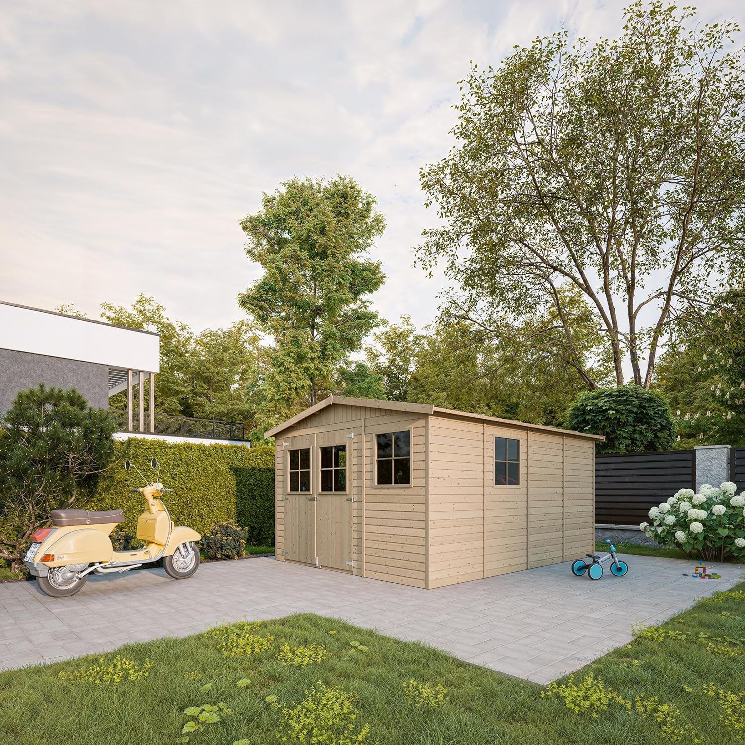 ABRI de Jardin en Bois Exterieur avec Les PLANCHERS IMPRÉGNÉ - en Pin/épicéa- H226x324x416 cm/12 m²- Construction de Panneaux- Rangement pour vélos, Remise à Outils- jardinito M336+M336G