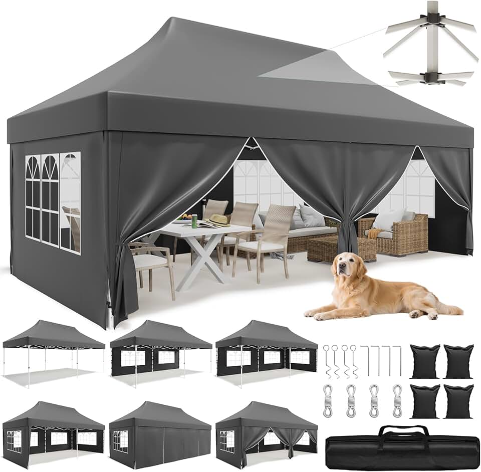 jardinito - Tonnelle pliante série 3x6m, hauteur intérieure +10cm, toile imperméable, gris