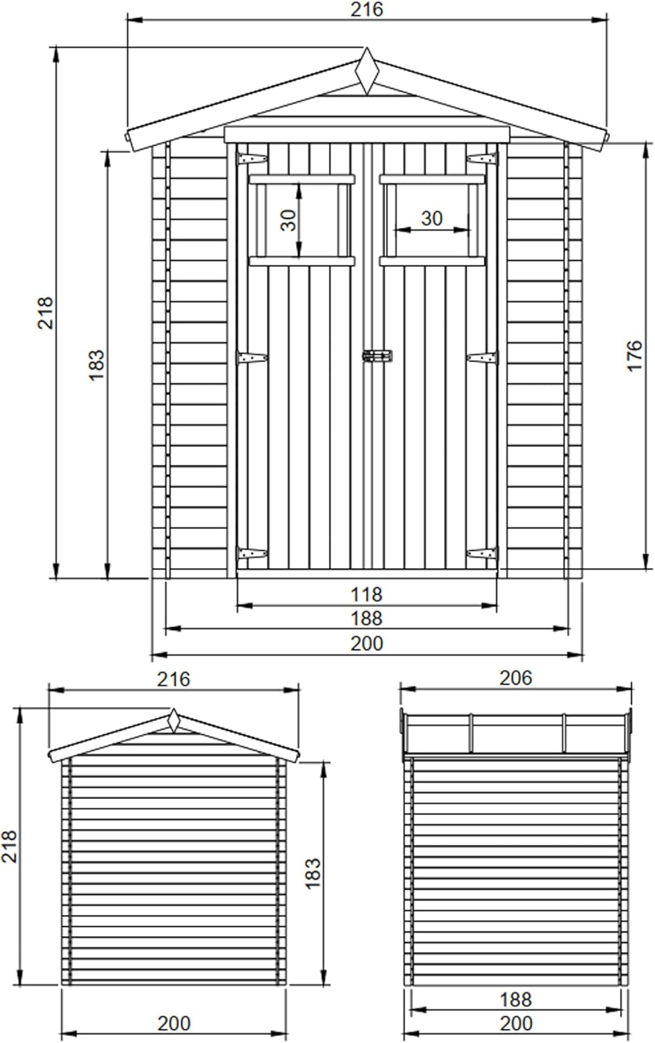 Abri de Jardin en Bois - Stockage extérieur I216xL206xH218 cm/ 3.53 m2 Petit abri à Outils, Local à vélos - jardinito M343
