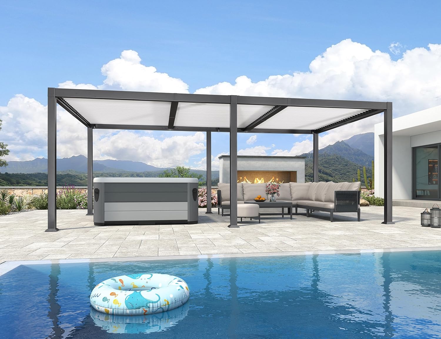 jardinito - pergola bioclimatique - 6,35x3,5m - aluminium gris, poteaux blancs, lames orientables