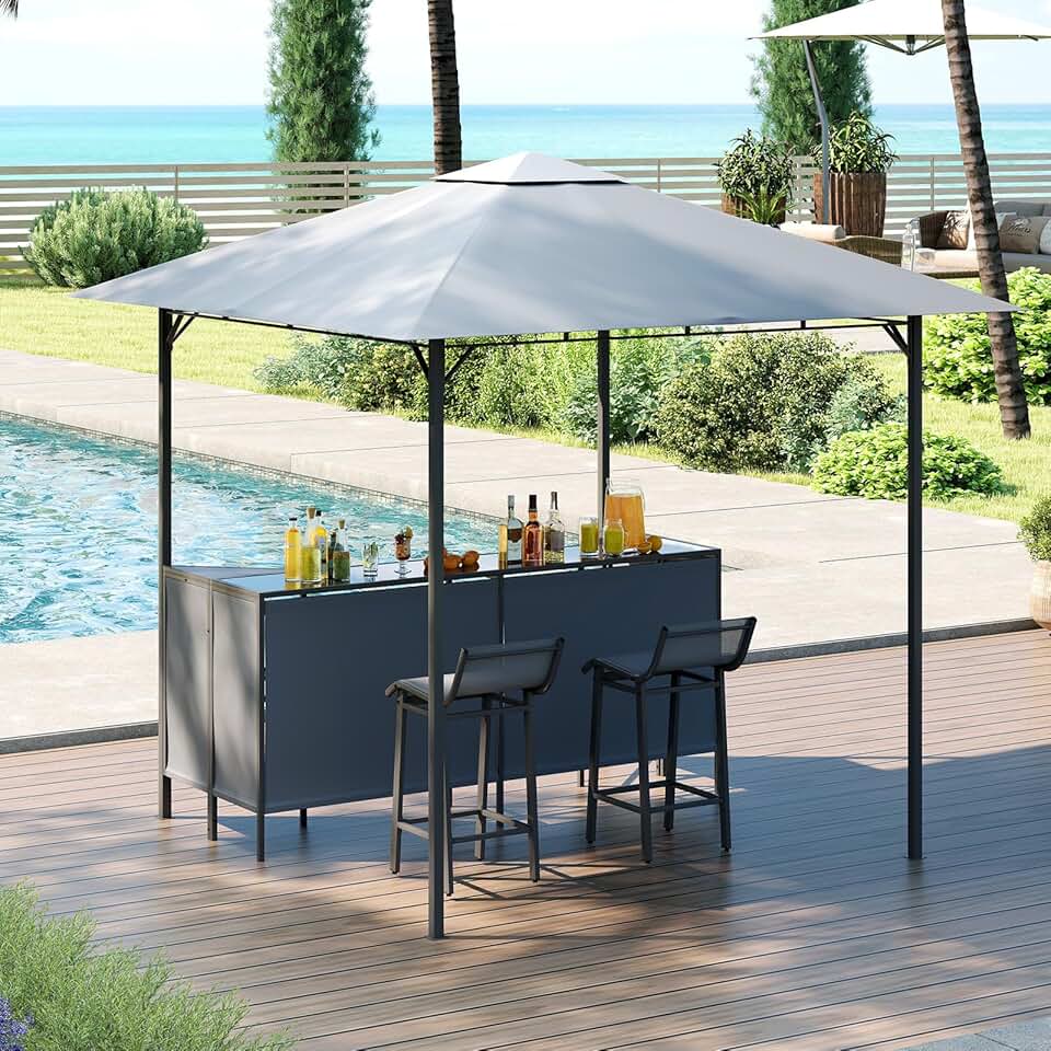 jardinito 3 Pcs Abri Barbecue Jardin Exterieur avec Bar Exterieur, Tonnelle Barbecue avec 2 Tabourets Bar, Rangement, Plateau en Verre Trempée,Porte-Verres, en Métal avec Double Toit, 245 x 245 x 243CM