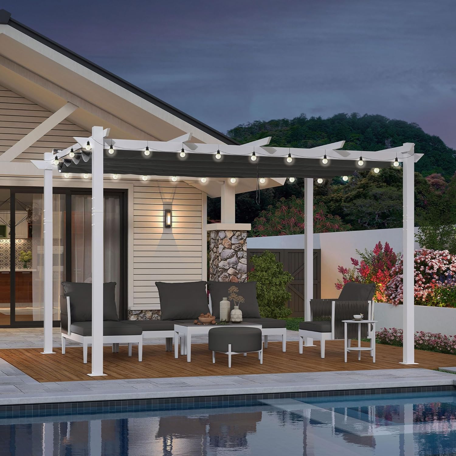 jardinito - pergola aluminium - 4x3m - éclairage intégré, toit protégé, blanc/gris