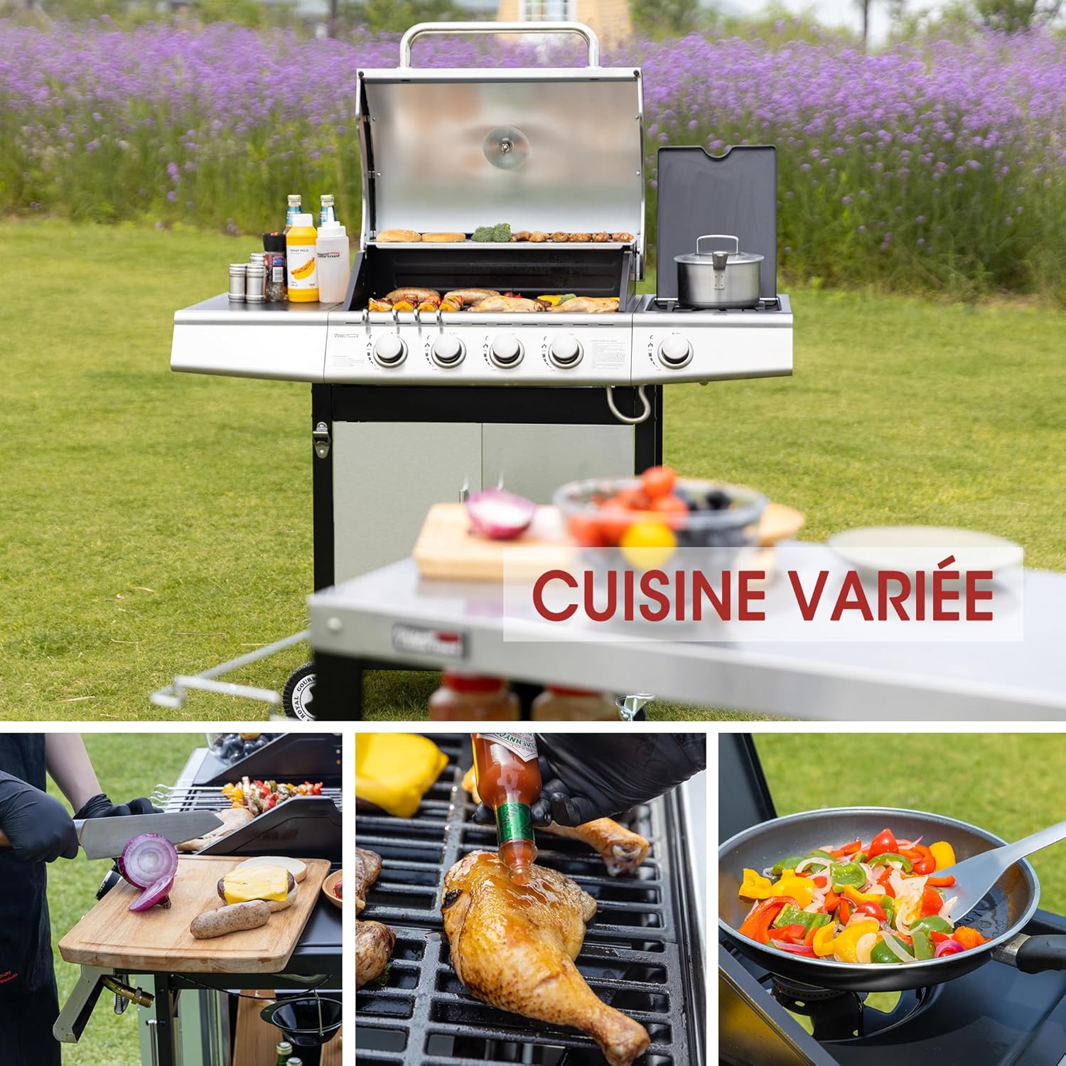 jardinito - Barbecue Gaz 4+1 brûleurs inox - 14,5kW - 2 portes, thermomètre, roues directionnelles