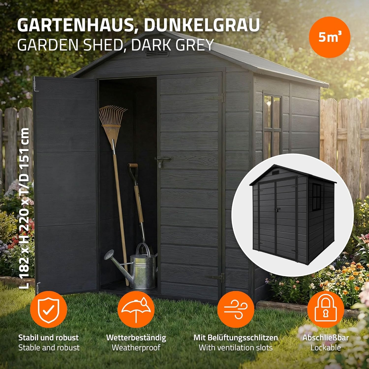 jardinito - Abri de jardin résine 151x182x220 cm double porte, 5m³, fenêtre, ventilation
