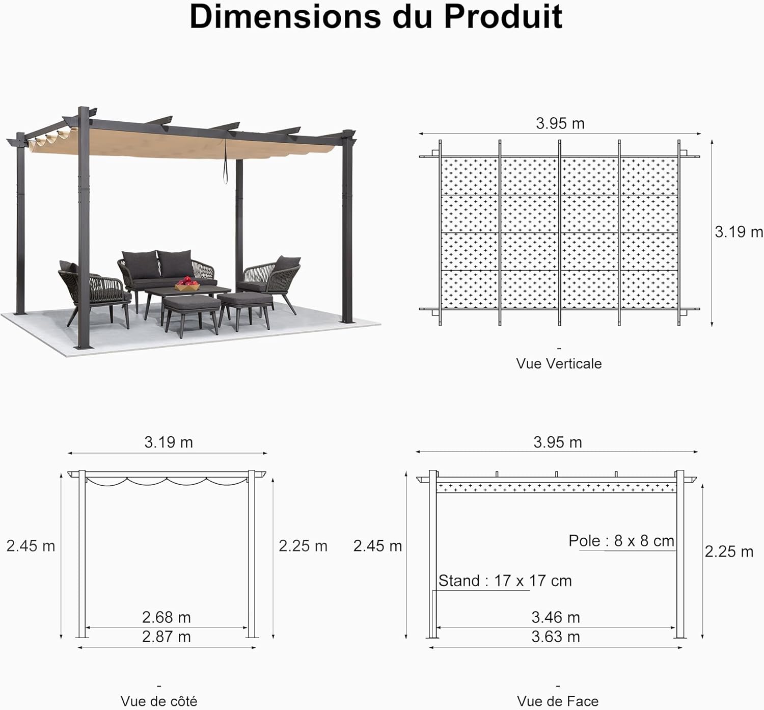 jardinito - Pergola Aluminium - 4x3,2m - LED intégrée, toit rétractable, kaki