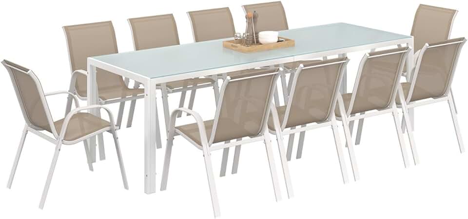 jardinito - Madrid salon de jardin 240 cm table + 10 chaises blanc/beige