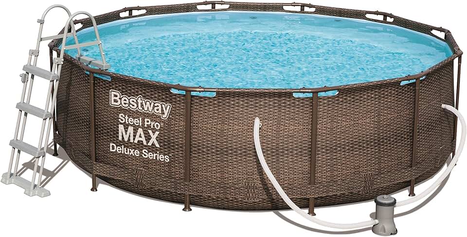 jardinito Power Steel Deluxe Piscine Tubulaire Ronde avec Cadre en Acier Solide Kit Complet Aspect rotin 366 x 100 cm, Marron