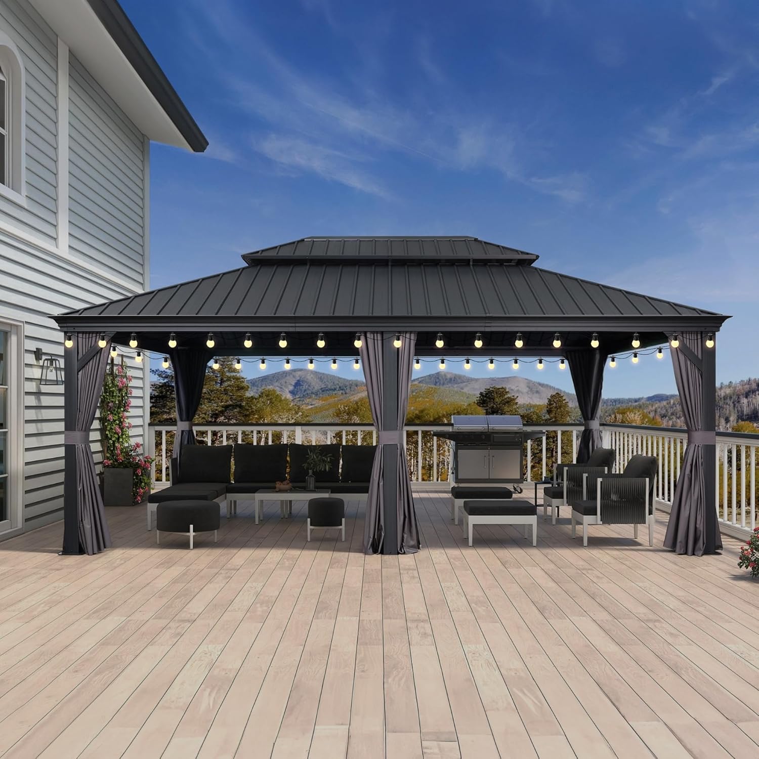 jardinito - Pergola série extérieure - 7.32x4.25m - alu, éclairage, moustiquaire, rideaux, gouttière, poteaux renforcé