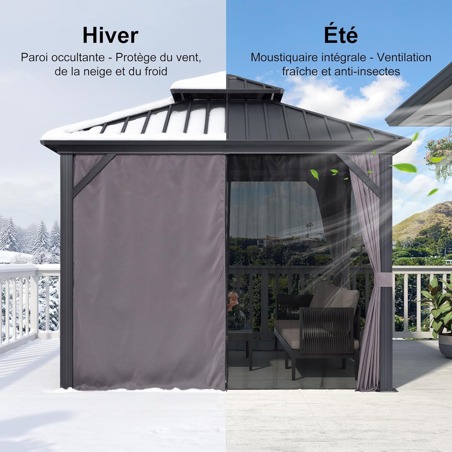 jardinito - tonnelle extérieur double toit 3x3m, alu et acier, rideaux, guirlande lumineuse
